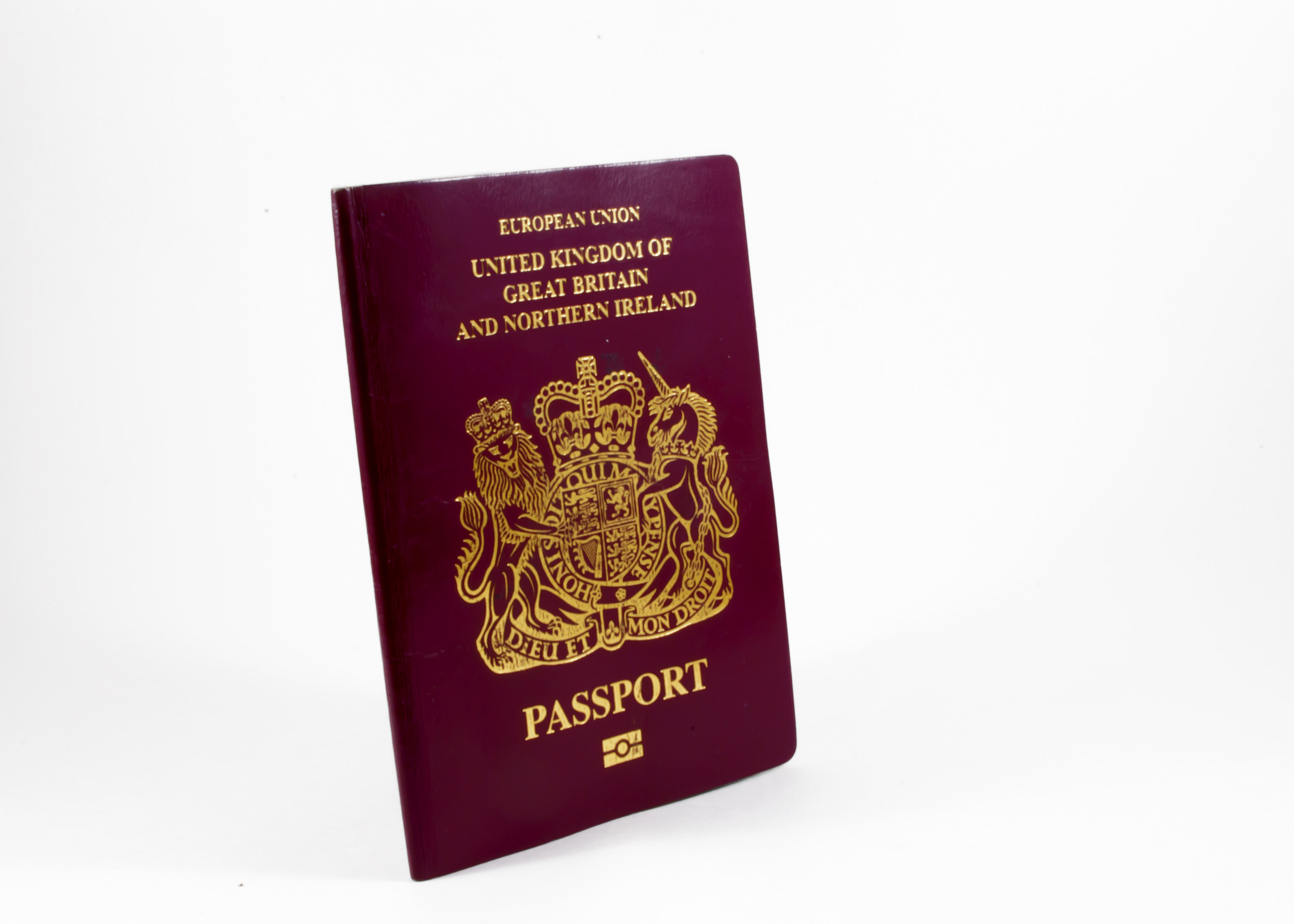 A standard biometric British passport front document cover