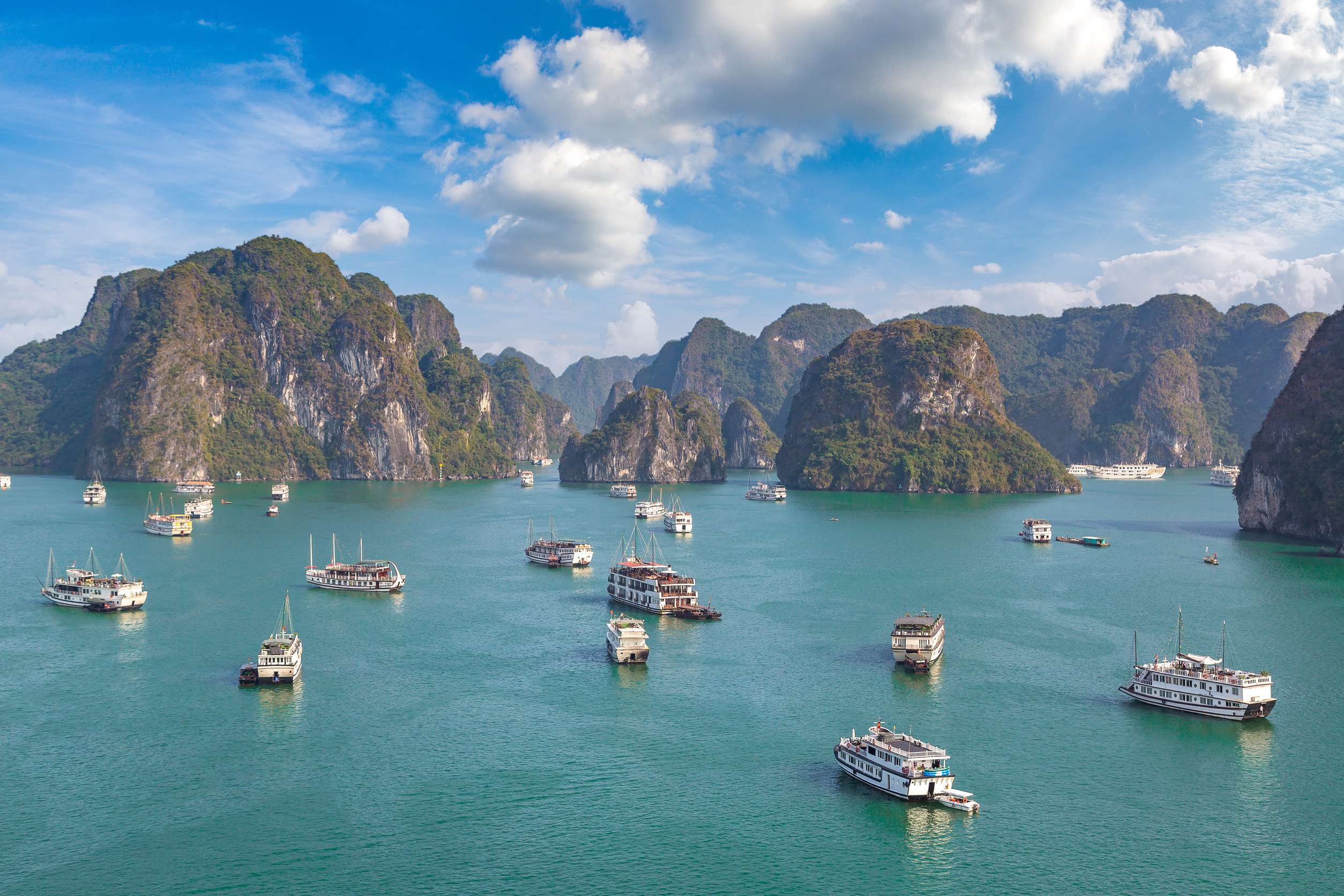 Panoramic aerial view of Halong Bay, Vietnam in a summer day